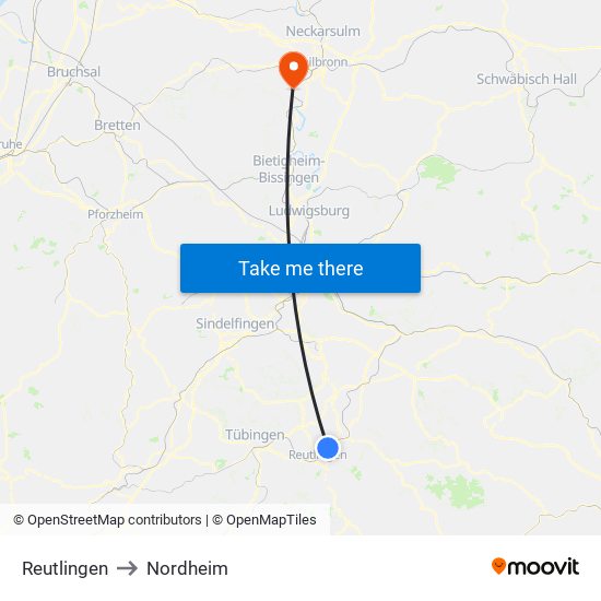 Reutlingen to Nordheim map