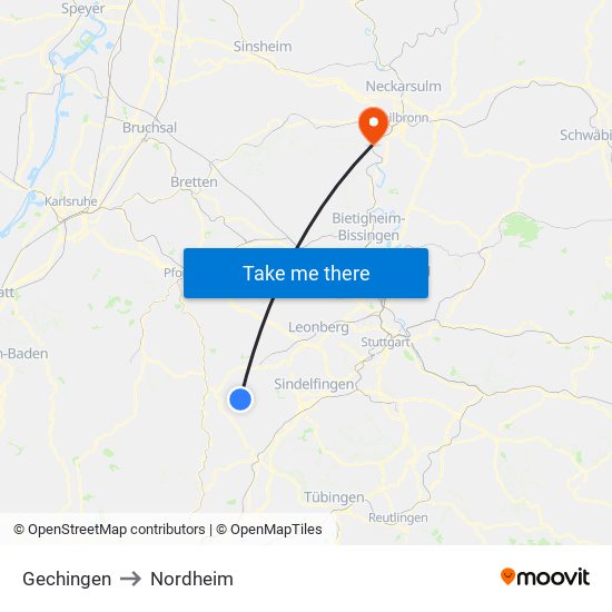 Gechingen to Nordheim map