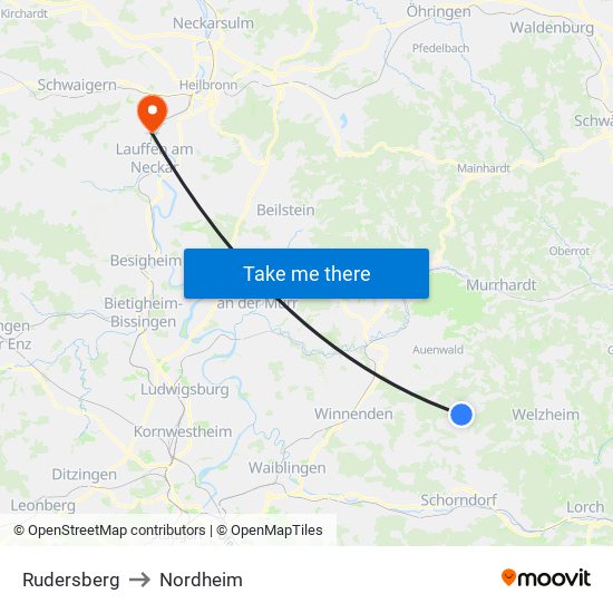 Rudersberg to Nordheim map