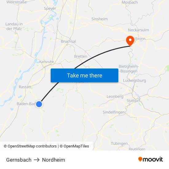 Gernsbach to Nordheim map