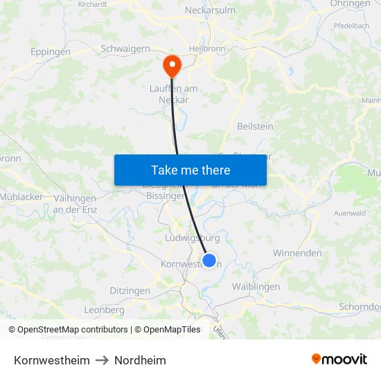 Kornwestheim to Nordheim map