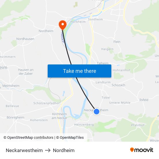 Neckarwestheim to Nordheim map