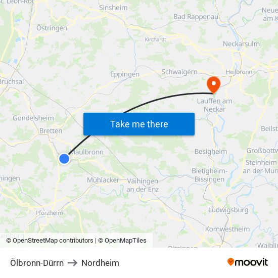 Ölbronn-Dürrn to Nordheim map