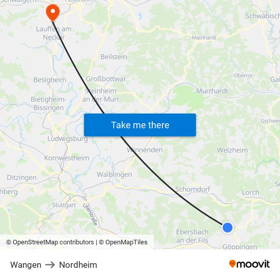 Wangen to Nordheim map