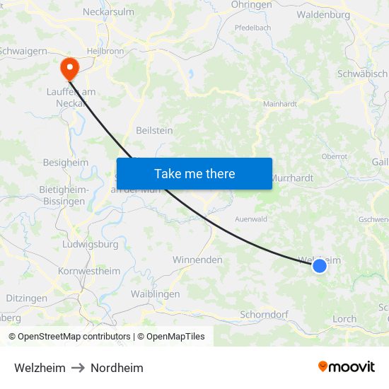 Welzheim to Nordheim map