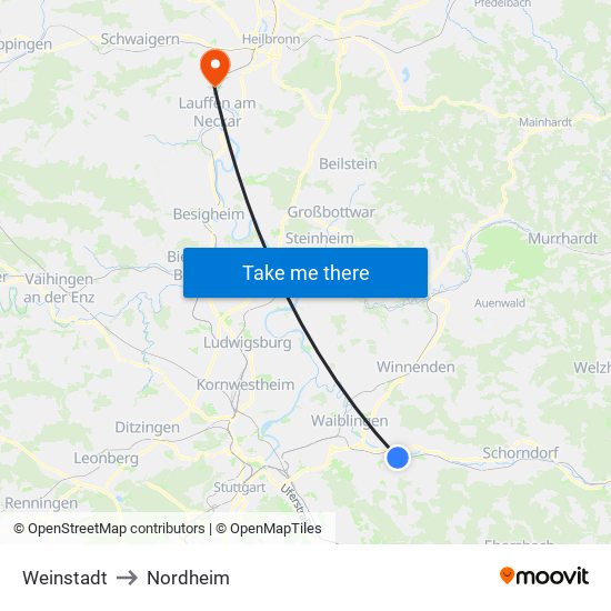 Weinstadt to Nordheim map