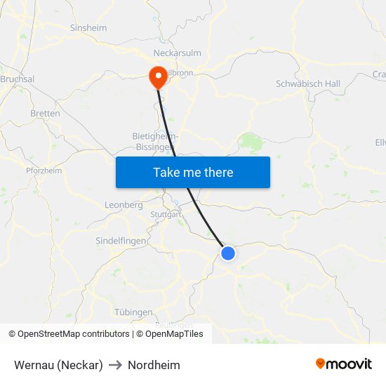 Wernau (Neckar) to Nordheim map