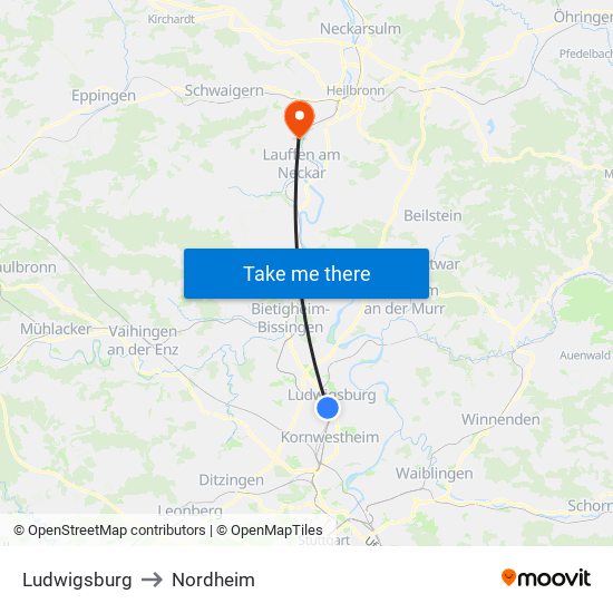 Ludwigsburg to Nordheim map