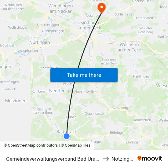 Gemeindeverwaltungsverband Bad Urach to Notzingen map