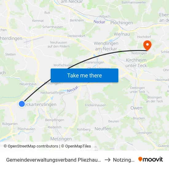 Gemeindeverwaltungsverband Pliezhausen to Notzingen map