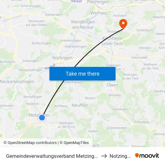 Gemeindeverwaltungsverband Metzingen to Notzingen map