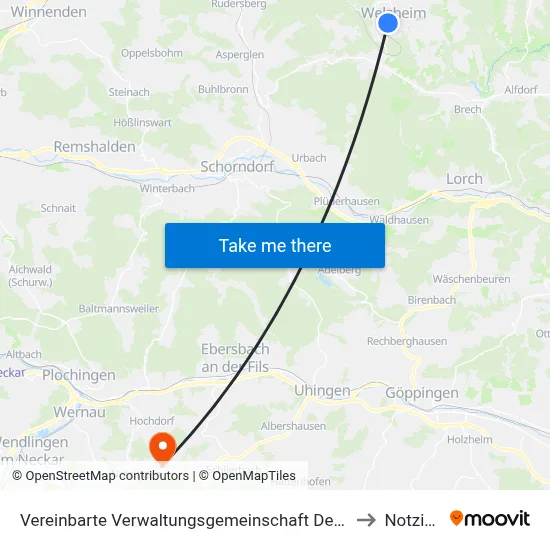 Vereinbarte Verwaltungsgemeinschaft Der Stadt Welzheim to Notzingen map