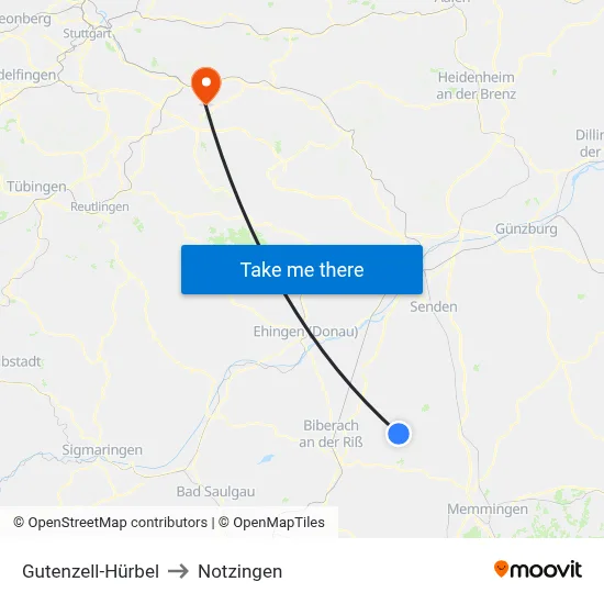 Gutenzell-Hürbel to Notzingen map