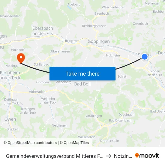 Gemeindeverwaltungsverband Mittleres Fils-Lautertal to Notzingen map