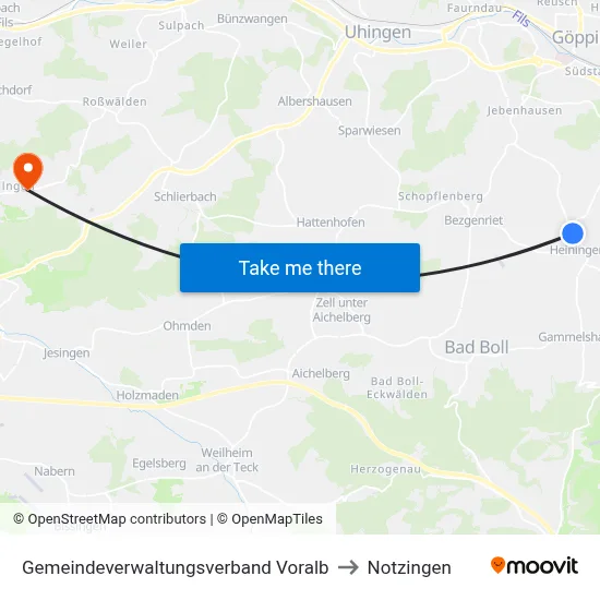 Gemeindeverwaltungsverband Voralb to Notzingen map