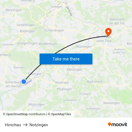 Hirschau to Notzingen map
