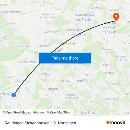 Reutlingen-Sickenhausen to Notzingen map