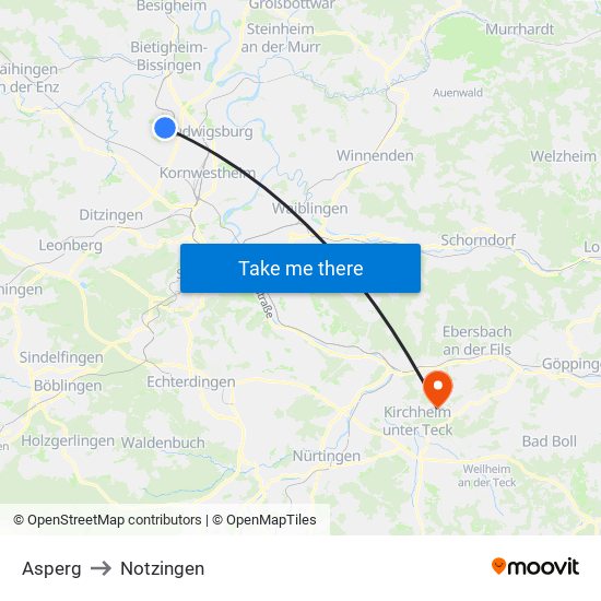 Asperg to Notzingen map