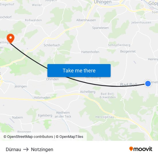 Dürnau to Notzingen map