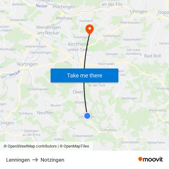Lenningen to Notzingen map