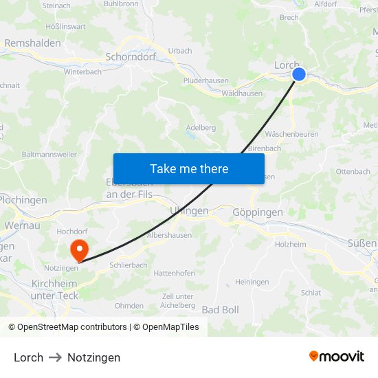 Lorch to Notzingen map