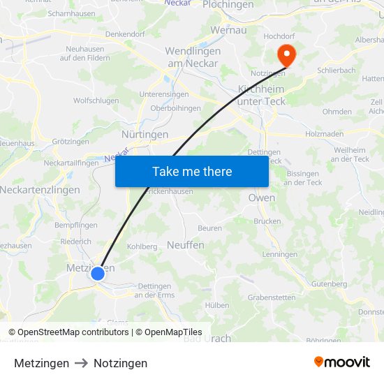 Metzingen to Notzingen map