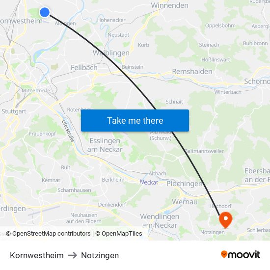 Kornwestheim to Notzingen map