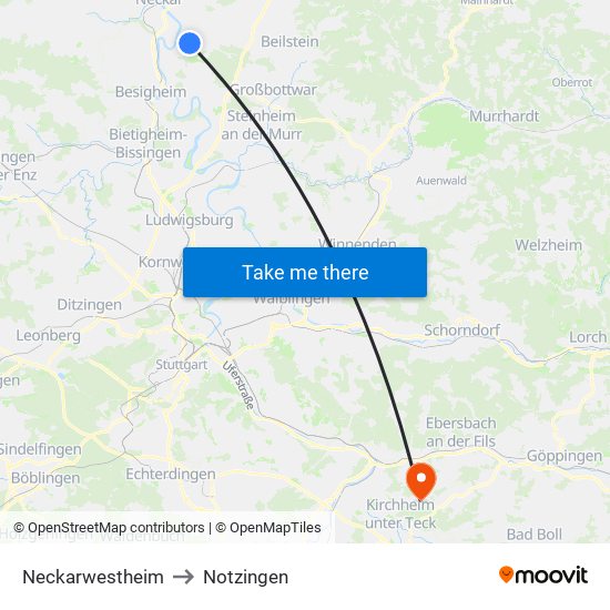 Neckarwestheim to Notzingen map