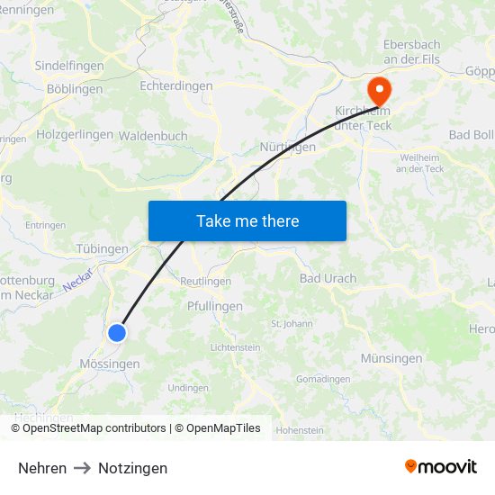 Nehren to Notzingen map