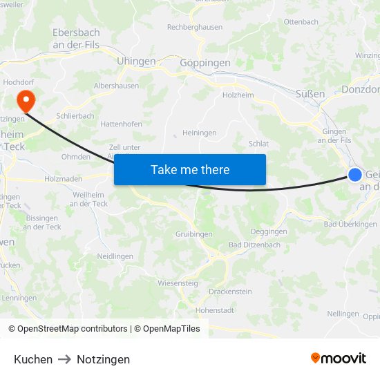 Kuchen to Notzingen map