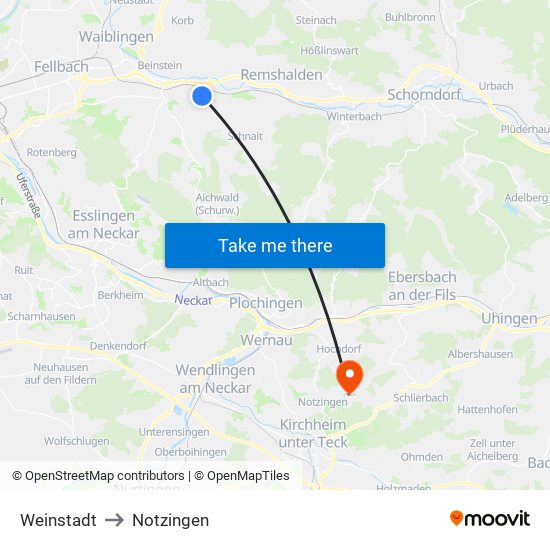 Weinstadt to Notzingen map