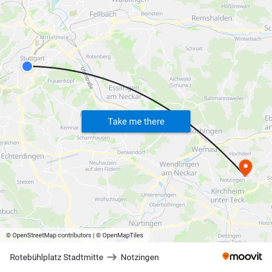 Rotebühlplatz Stadtmitte to Notzingen map