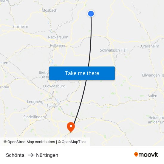 Schöntal to Nürtingen map