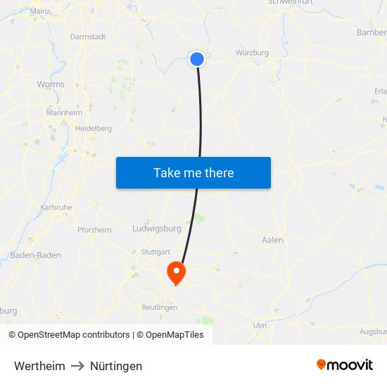 Wertheim to Nürtingen map