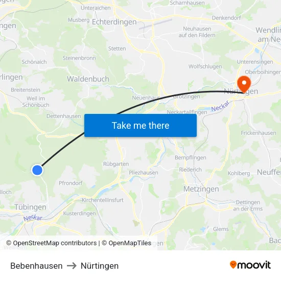 Bebenhausen to Nürtingen map