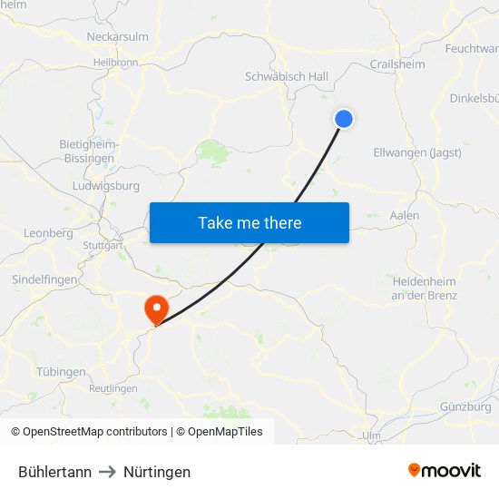 Bühlertann to Nürtingen map