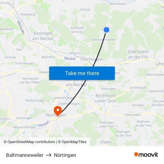 Baltmannsweiler to Nürtingen map