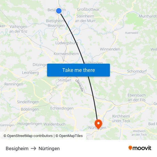 Besigheim to Nürtingen map