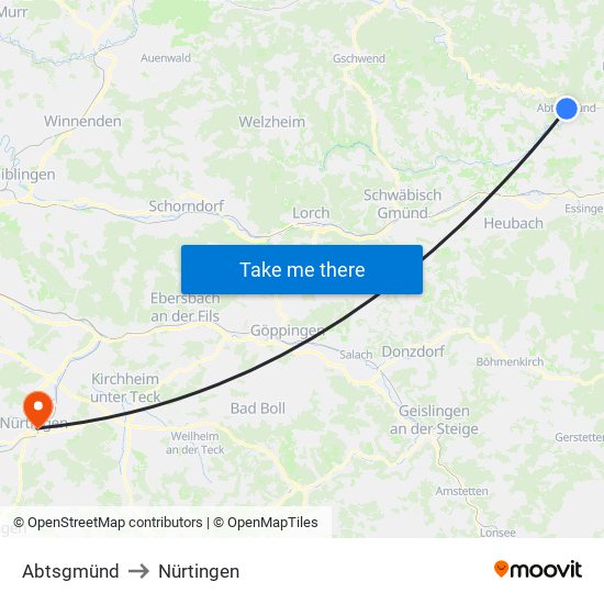 Abtsgmünd to Nürtingen map