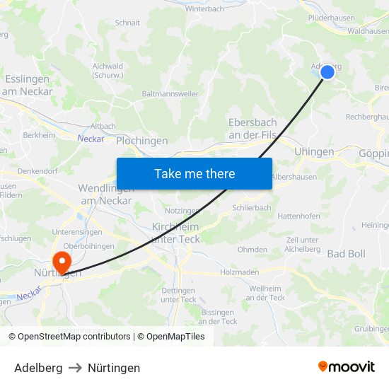 Adelberg to Nürtingen map