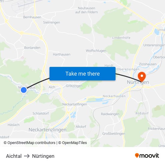 Aichtal to Nürtingen map