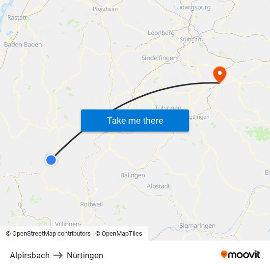 Alpirsbach to Nürtingen map