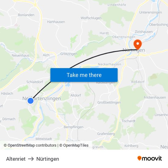Altenriet to Nürtingen map