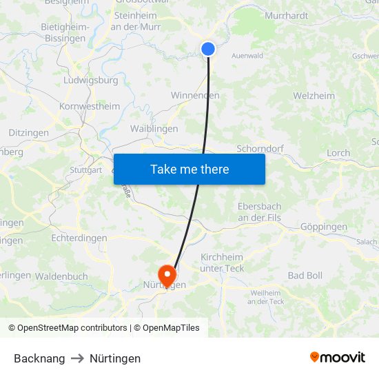 Backnang to Nürtingen map