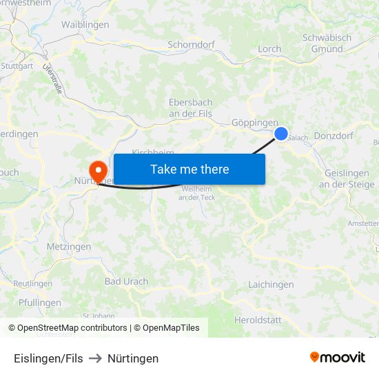Eislingen/Fils to Nürtingen map