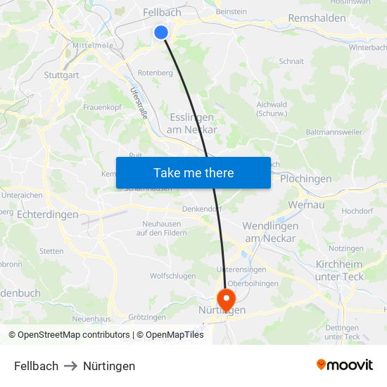 Fellbach to Nürtingen map