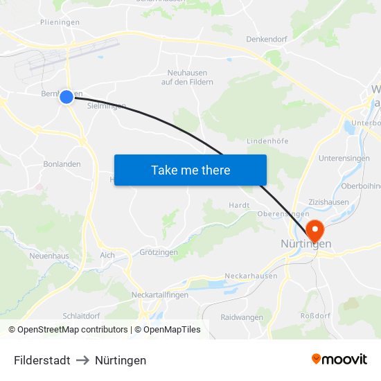 Filderstadt to Nürtingen map