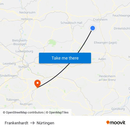 Frankenhardt to Nürtingen map