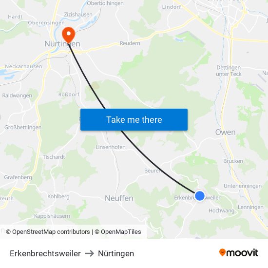 Erkenbrechtsweiler to Nürtingen map