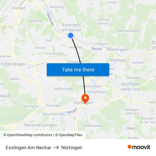Esslingen Am Neckar to Nürtingen map
